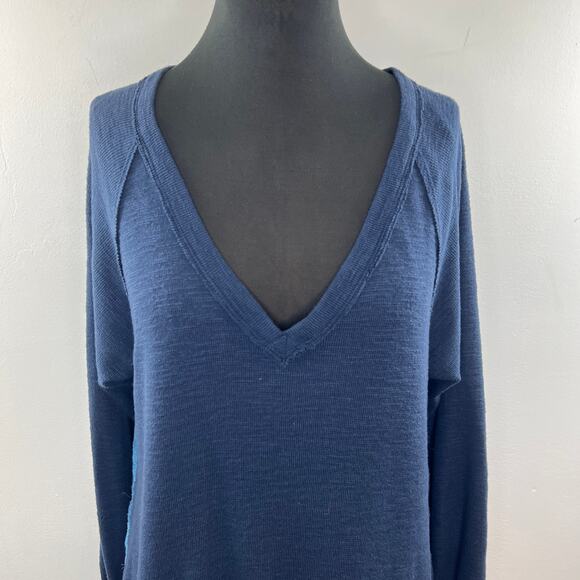 Anthropologie Pilcro Blue Sweater Top Plaid Plunge Neck Inverted Pleat Size XS - Picture 3 of 10